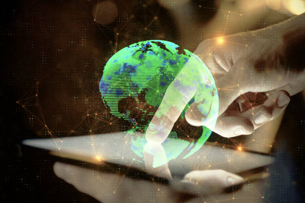 istock Double exposure of man's hands holding and using a phone and social network theme drawing. 1288508478