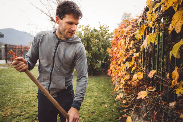 istock Man doing autumn chores in his backyard on a cloudy day 1288509413