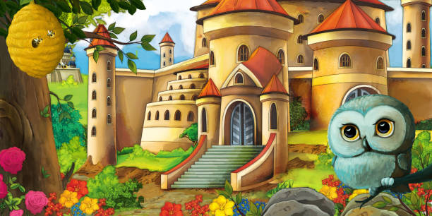 istock Cartoon nature scene with beautiful castle near the forest with forest animal 1288511195