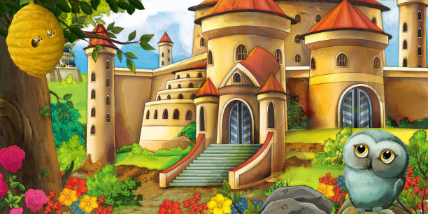 istock Cartoon nature scene with beautiful castle near the forest with forest animal 1288511360