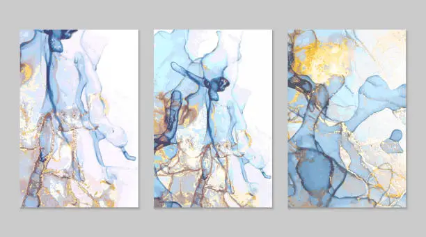 Vector illustration of Bue, grey and gold marble abstract backgrounds in alcohol ink technique