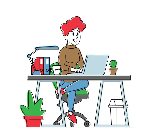 Vector illustration of Smiling Business Woman or Freelancer Working on Laptop Sitting at Desks with Cup Work. Freelance or Office Occupation