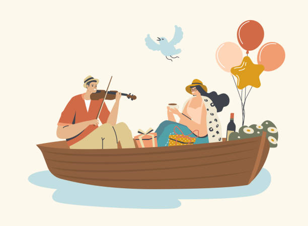 illustrations, cliparts, dessins animés et icônes de jeune homme heureux de couples et bateau flottant de femme à la surface de l’eau. caractère mâle jouant le violon, thé potable femelle - beach on child the