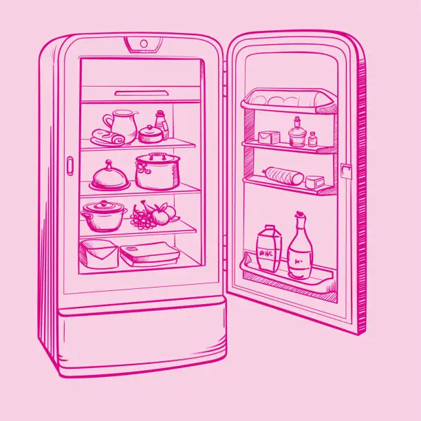 Vector illustration of Sketch illustration of retro refrigerator with groceries