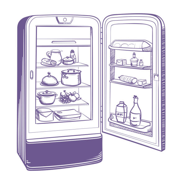 Sketch illustration of retro refrigerator with groceries on a white background