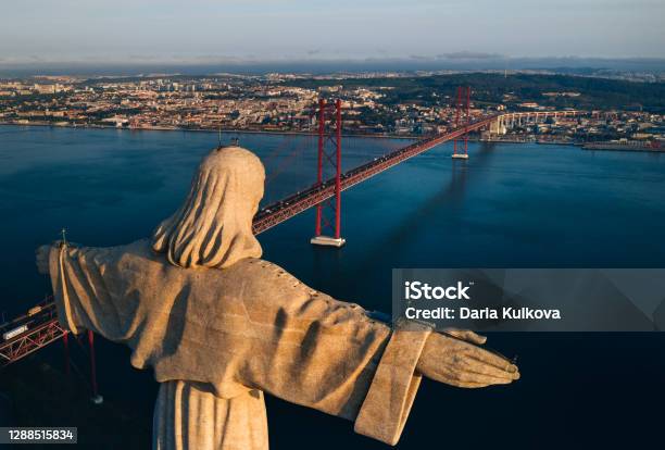 Aerial View Of Sanctuary Of Christ The King Santuario De Cristo Rei Drone Photo At Sunrise Sightseeing In Portugal Lisbon Stock Photo - Download Image Now