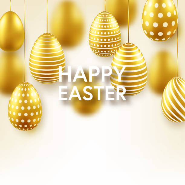 istock Easter golden egg with confetti and calligraphic lettering, greetings. Traditional spring holidays in April or March. Sunday. Eggs and gold 1288516087