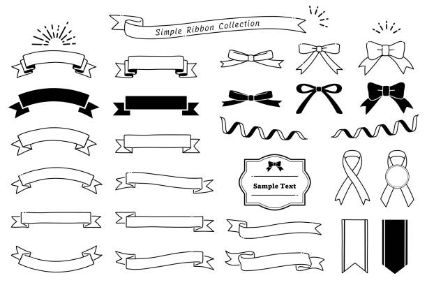 ilustraciones, imágenes clip art, dibujos animados e iconos de stock de colección de elementos de diseño con motivo de cinta (monocromo) - ribbon
