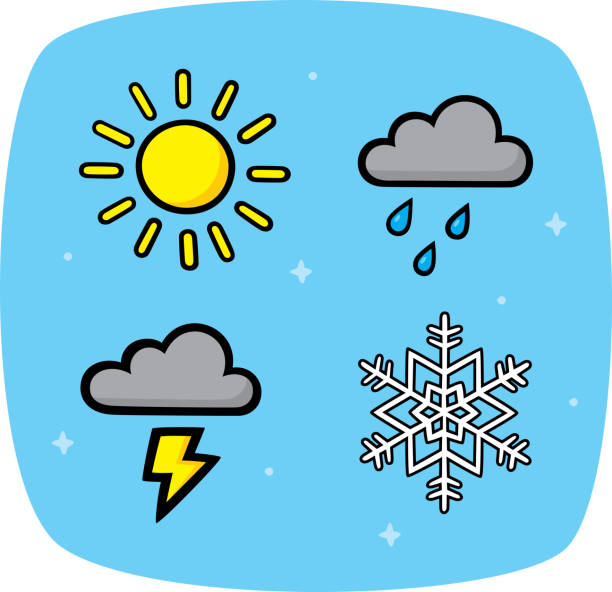 Weather Doodles Vector illustration of hand drawn weather icons against a blue background. symbol snowflake icon set shiny stock illustrations