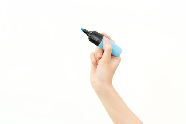 woman holding a blue marker, white background, copy space
