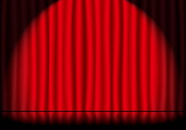 Red stage curtains in the spotlight and reflective stage floors Red stage curtains in the spotlight and reflective stage floors curtain call stock illustrations