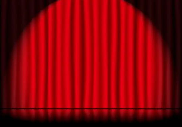 Vector illustration of Red stage curtains in the spotlight and reflective stage floors