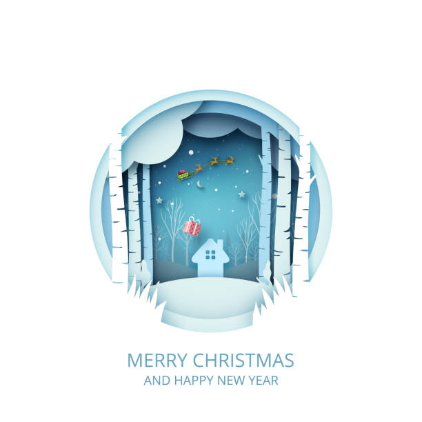 ilustrações de stock, clip art, desenhos animados e ícones de merry christmas and happy new year.winter season landscape with santa claus in sleigh. - christmas house