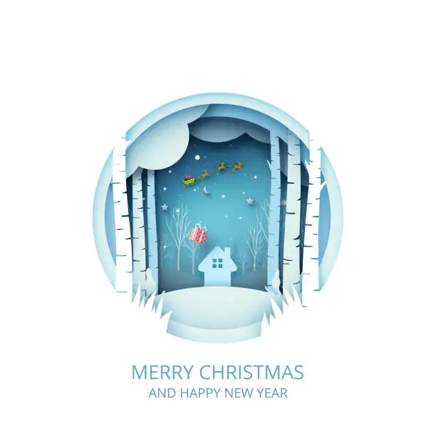 Vector illustration of Merry Christmas and Happy New Year.Winter season landscape with Santa Claus in sleigh.