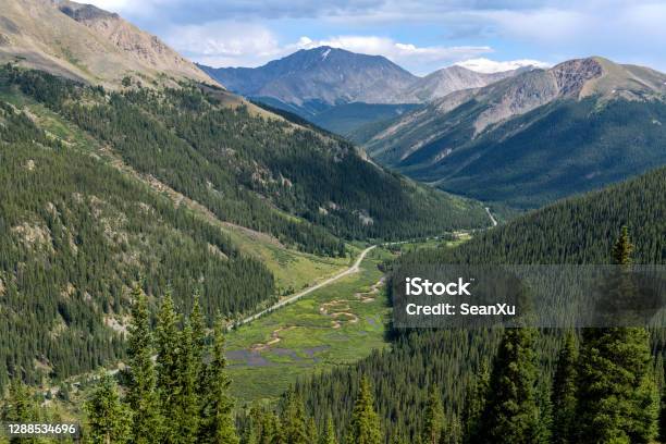 La Plata Peak Summer View Of Highway 82 Winding In Lake Creek Valley At Base Of La Plata Peak Part Of The Sawatch Range Seen From The Summit Of Independence Pass Colorado Usa Stock Photo - Download Image Now