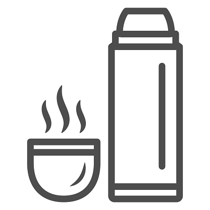Thermos and hot tea in mug line icon, World snowboard day concept, Vacuum Flask sign on white background, Thermos Bottle and cup with hot drink icon in outline style. Vector graphics