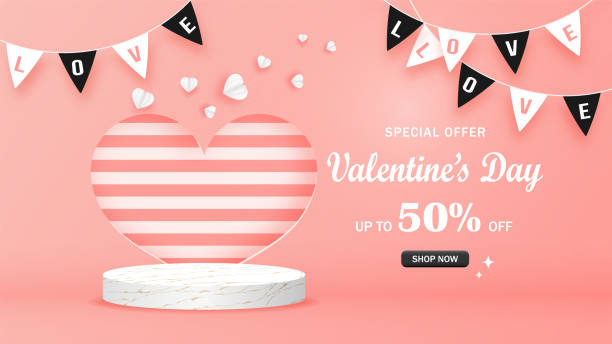 istock Valentine's day sale banner. Background elements for advertising decorated with marble podium, heart shape, flag fancy, and white paper hearts. Composition for product. Vector illustration. 1288543813