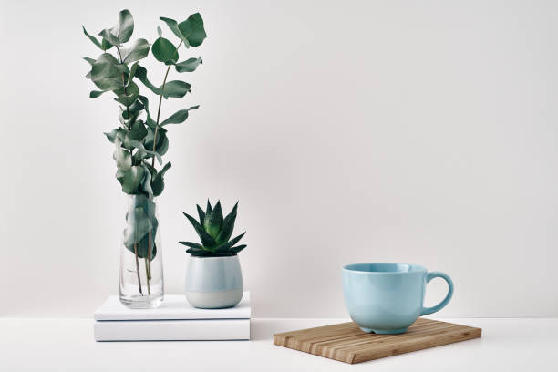 istock A mug, a stack of books, a wooden board and a transparent vase with eucalyptus branches. Eco-friendly materials in interior decor, minimalism. Copy space, mock up. 1288544506