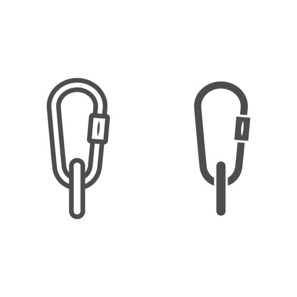 ilustraciones, imágenes clip art, dibujos animados e iconos de stock de línea de carabina e icono sólido, concepto del día mundial del snowboard, signo de mosquetón de senderismo sobre fondo blanco, icono de equipo de carabina en estilo de esquema para el concepto m