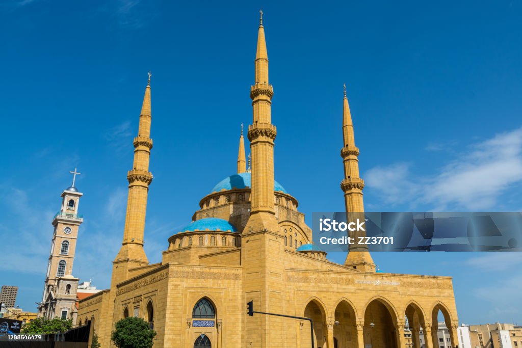 The Mohammad Al-Amin Mosque, also referred to as the Blue Mosque, is a Sunni Muslim mosque located in downtown Beirut, Lebanon. Mosque Stock Photo