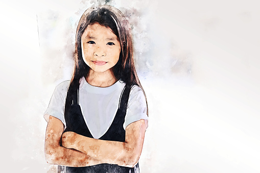 Abstract colorful kid girl smile portrait and traveling in the city on watercolor illustration painting background.