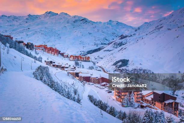 Ski Resort In The Valley At Sunrise Les Menuires France Stock Photo - Download Image Now