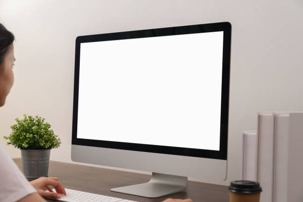 istock Business woman hand using computer and type on the keyboard. Mockup screen of advertisement. 1288549047