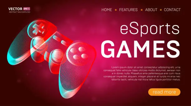 Vector illustration of Esports games landing page template with a gamepad or retro game console controller banner. Outline vector illustration of wireless video game joystick in 3d line art style on abstract background