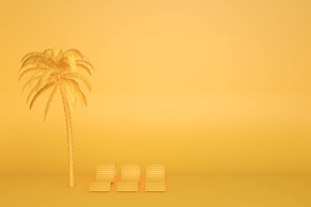 The concept of relaxing on the beach. Beach lounger on a sandy beach among palm trees. 3D render.