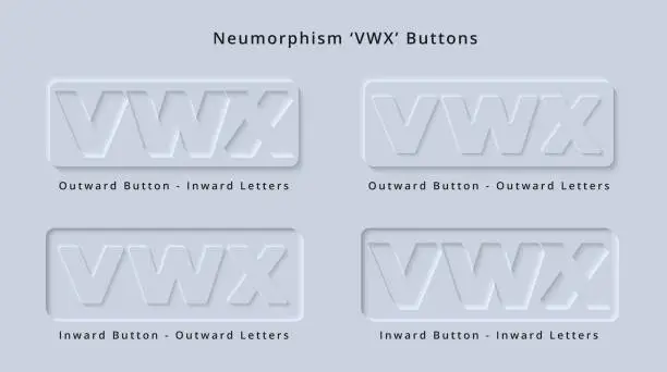 Vector illustration of Letter V W X in Clean and Modern Skeuomorphism or Neumorphism 3D Indent Style for Web App Button or Font Typescript for UI User interface Design
