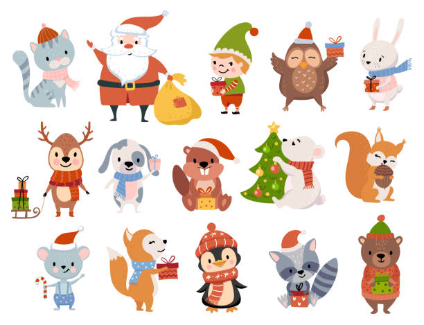 귀여운 크리스마스 동물. - raccoon dog stock illustrations