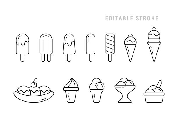 Ice cream set. Linear icon, editable stroke Ice cream set. Linear icon of different types. Eskimo pie, popsicle, waffle cone, ice lolly, banana split, twister, bowl. Black simple illustration. Contour isolated vector pictogram, editable stroke flavored ice stock illustrations