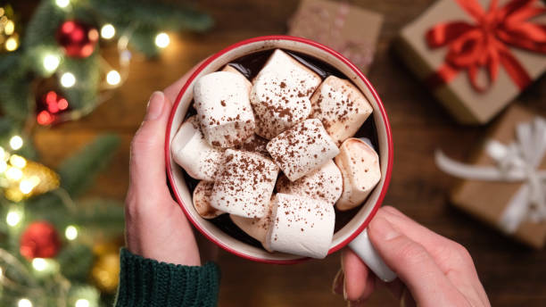 istock Hot chocolate or cocoa drink with marshmallows in female hands 1288559535