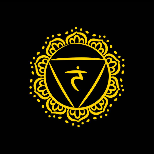 ilustraciones, imágenes clip art, dibujos animados e iconos de stock de icono de boceto de manipura. el tercer chakra del sol. símbolo de línea amarilla vectorial. signo sagrado. meditación - om symbol lotus hinduism symbol