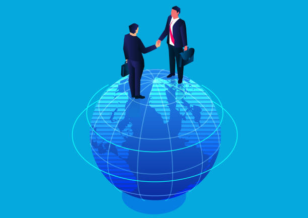 ilustrações de stock, clip art, desenhos animados e ícones de two businessmen standing on top of the earth shaking hands, global business cooperation - business people globe global communications