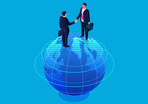 Vector illustration of Two businessmen standing on top of the earth shaking hands, global business cooperation