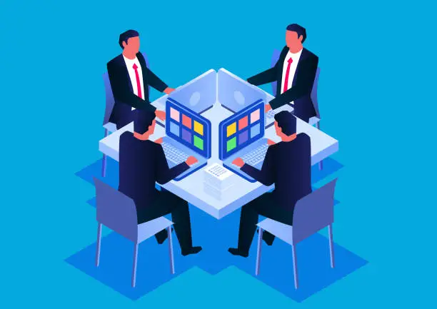 Vector illustration of Four business people sitting and working together, team group working together looking for solutions