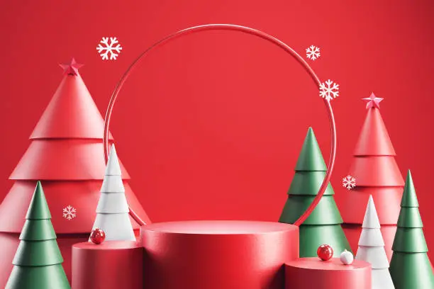 Photo of Cylinder podium and minimal abstract background for Christmas, 3d rendering geometric shape.