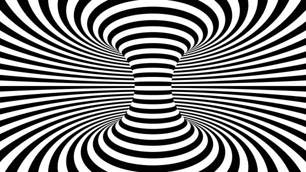 토러스 수평 배경, 착시 현상을 형성하는 흑백 트위스트 곡선 라인. 3d 렌더 일러스트레이션 - illusion spiral black white 뉴스 사진 이미지