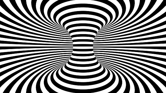 Black and white twisted curved lines forming torus horizontal background, optical illusion. 3d render illustration