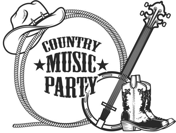 Country music party. Frame from rope with cowboy boots, hat and banjo in engraving style. Design element for poster, card, banner, sign. Vector illustration Country music party. Frame from rope with cowboy boots, hat and banjo in engraving style. Design element for poster, card, banner, sign. Vector illustration guitar borders stock illustrations