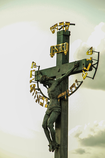 Crucifix on the Charles Bridge in Prague.