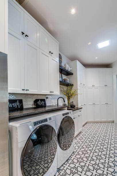istock Beautiful laundry area with plenty of white cabinets for storage 1288567772