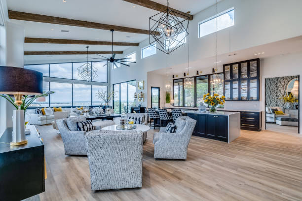 istock Wood beams rise high above great room 1288567775