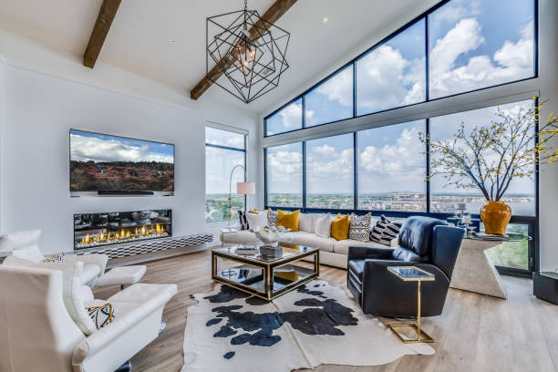 Wood beams rise high above great room