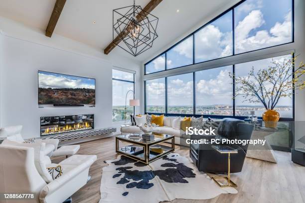 Wood Beams Rise High Above Great Room Stock Photo - Download Image Now - Living Room, Modern, Home Showcase Interior