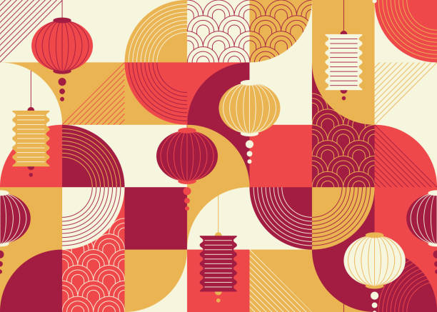 illustrazioni stock, clip art, cartoni animati e icone di tendenza di motivo geometrico geometrico di design piatto e ornamentale senza cuciture con lanterne cinesi, sfondo capodanno cinese. - chinese lantern