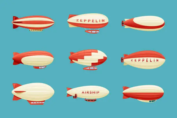 Vector illustration of Airships set. Retro zeppelin with red white stripes cabins for passengers elongated huge balloons with helium for free travel tourism comfortable transportation to any part world. Vector adventure.