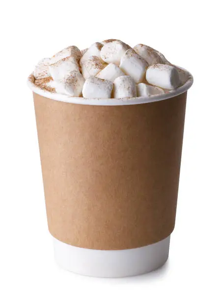 disposable cup of hot chocolate or cocoa with marshmallows and cinnamon powder isolated on white background