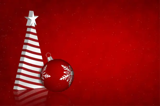 Vector illustration of One white coloured triangle shaped three dimensional Christmas tree, a 3D bauble and a star over a dark red color glittering xmas backgrounds with a star at the top of the tree